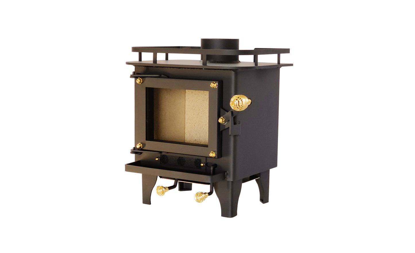 CB-1008 black mini wood stove with a visible firebox and controls, 'Certified' and indicating it meets UL 1482-2022 and ULC S627-2023 standards.