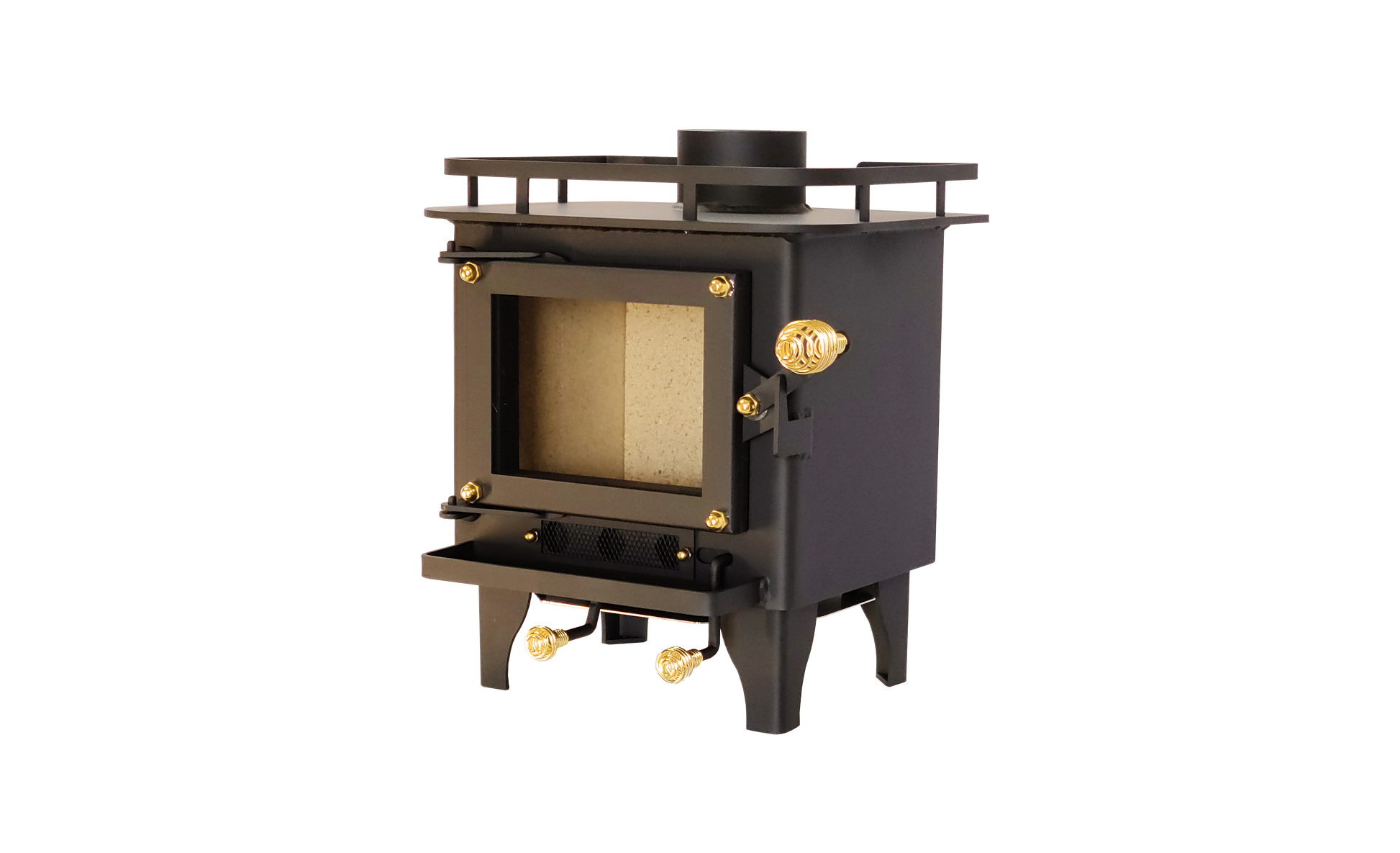 CB-1008 black mini wood stove with a visible firebox and controls, 'Certified' and indicating it meets UL 1482-2022 and ULC S627-2023 standards.