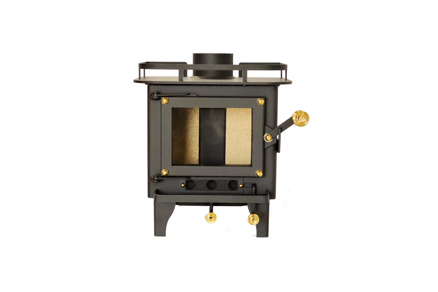 CB-1008 black mini wood stove with a visible firebox and controls, 'Certified' and indicating it meets UL 1482-2022 and ULC S627-2023 standards.