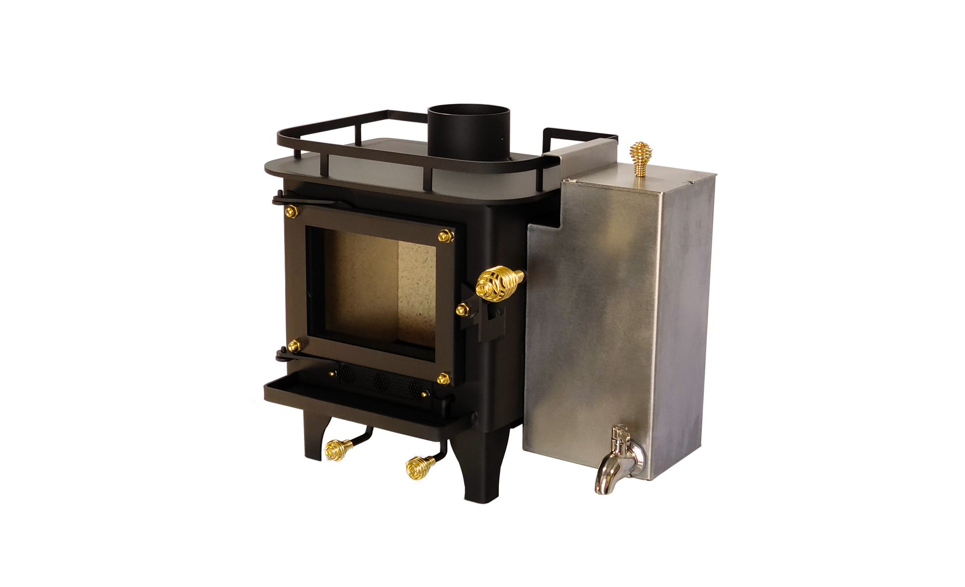 CB-1008 black mini wood stove showcasing the CB-7300 water heater with a visible firebox and controls, 'Certified' and indicating it meets UL 1482-2022 and ULC S627-2023 standards.