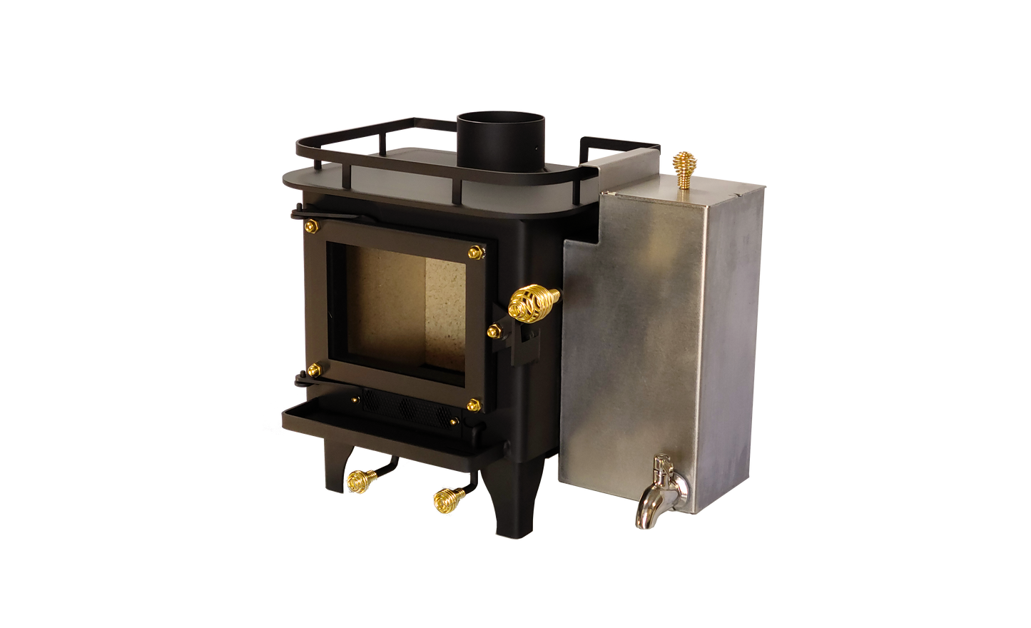CB-1008 black mini wood stove showcasing the CB-7300 water heater with a visible firebox and controls, 'Certified' and indicating it meets UL 1482-2022 and ULC S627-2023 standards.