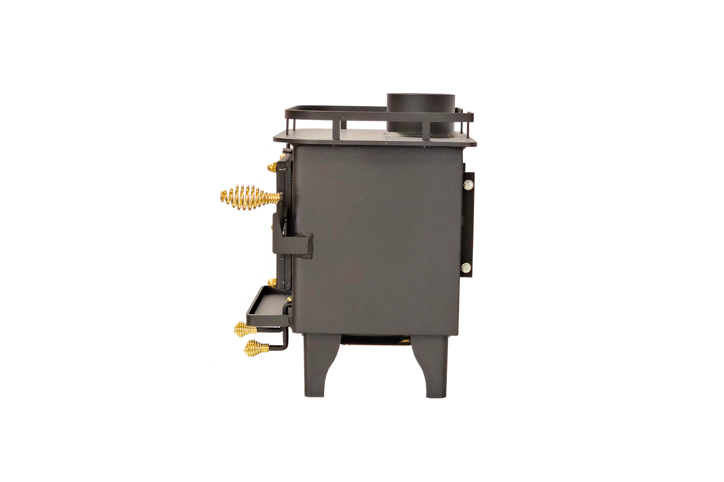 CB-1008 black mini wood stove side view with a visible firebox and controls, 'Certified' and indicating it meets UL 1482-2022 and ULC S627-2023 standards.