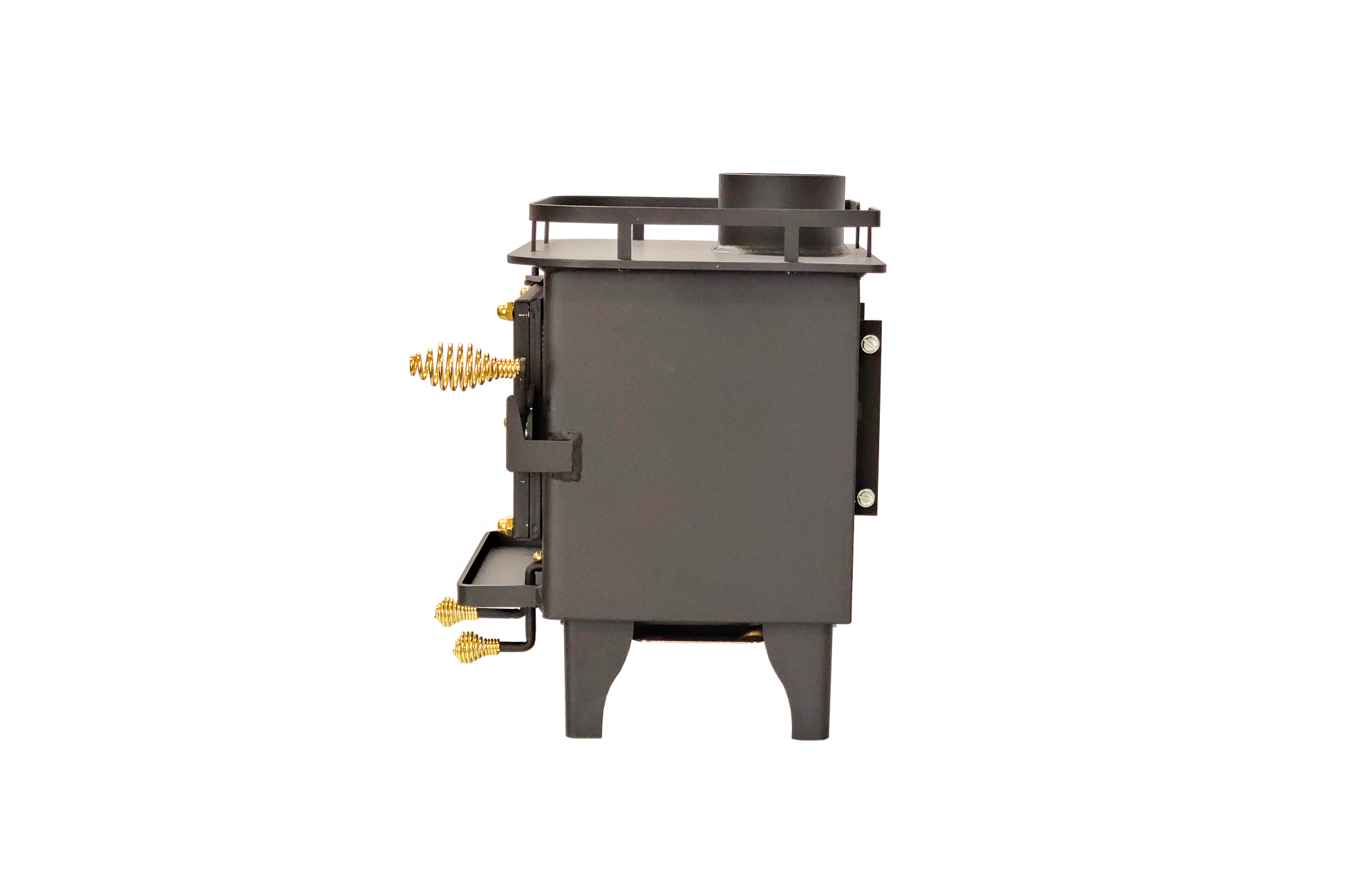 CB-1008 black mini wood stove side view with a visible firebox and controls, 'Certified' and indicating it meets UL 1482-2022 and ULC S627-2023 standards.