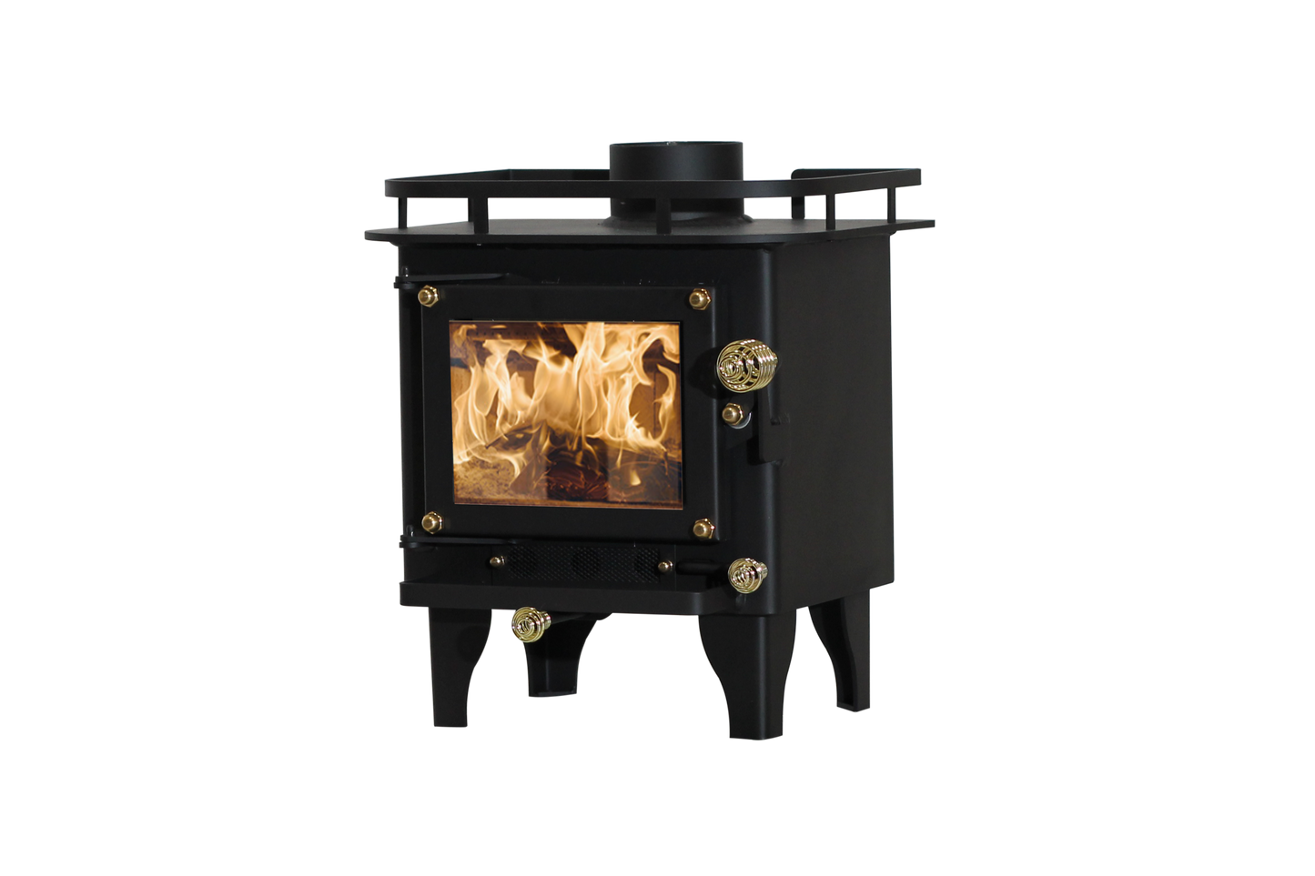 CB-1000 black wood stove with brass plated coil handles and a visible fire inside.