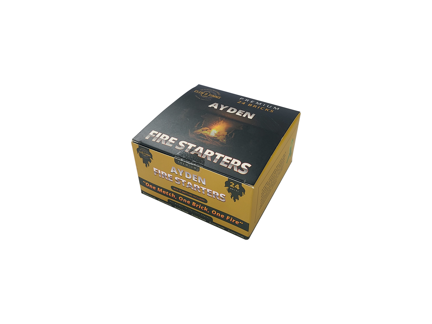 A box of CB-3030 Premium Ayden Fire Starters with branding and product information visible.
