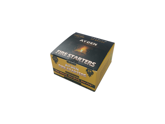 A box of CB-3030 Premium Ayden Fire Starters with branding and product information visible.