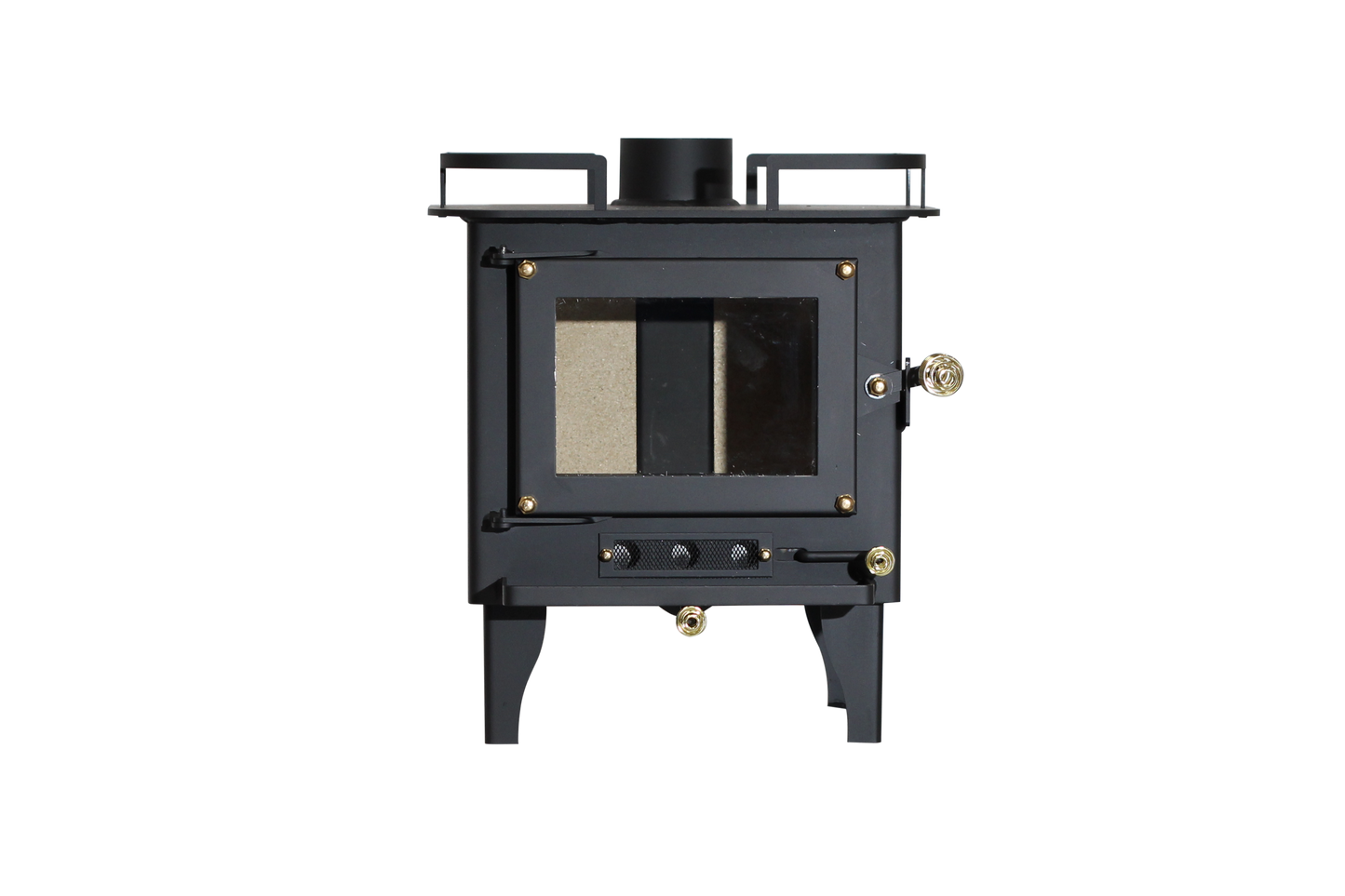 CB-2000 Grizzly front view black wood stove with a visible firebox and brass plated coil handles.
