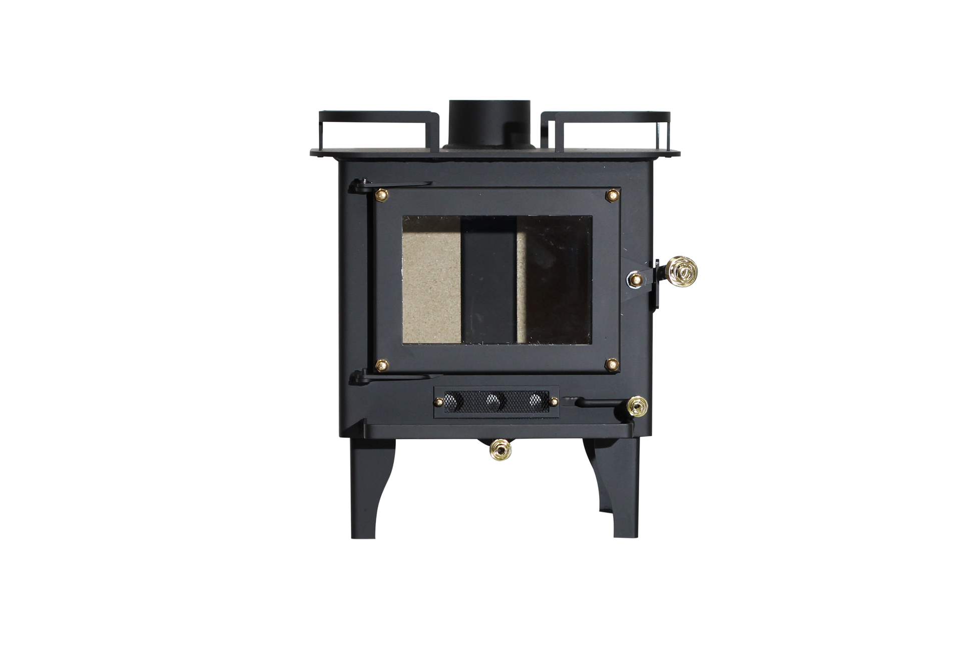 CB-2000 Grizzly front view black wood stove with a visible firebox and brass plated coil handles.