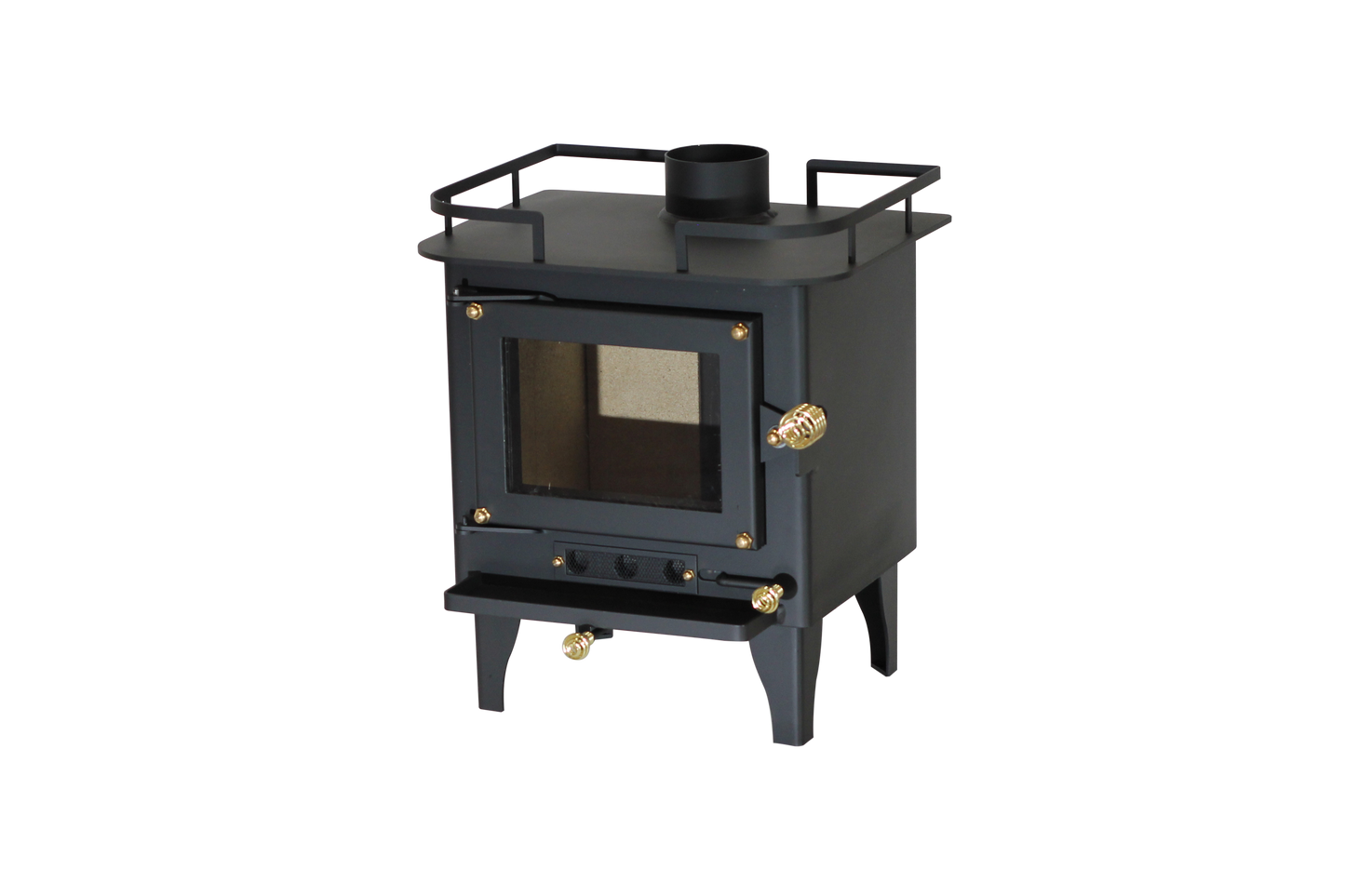 CB-2000 Grizzly black iso view wood stove with a visible firebox and brass plated coil handles.
