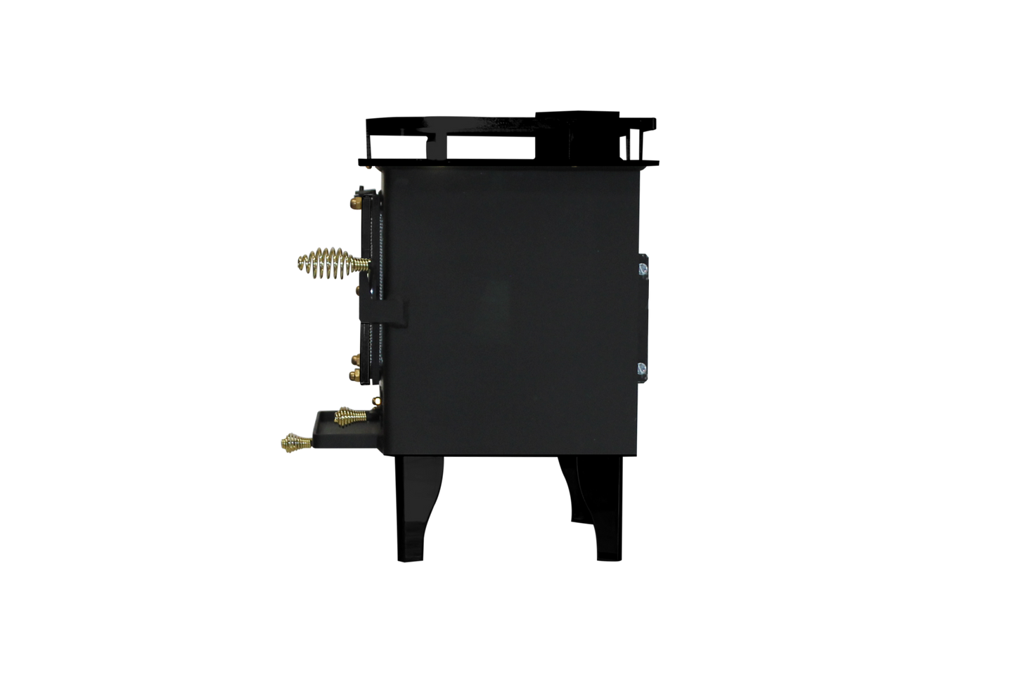 CB-2000 Grizzly black side view wood stove with a visible firebox and brass plated coil handles.