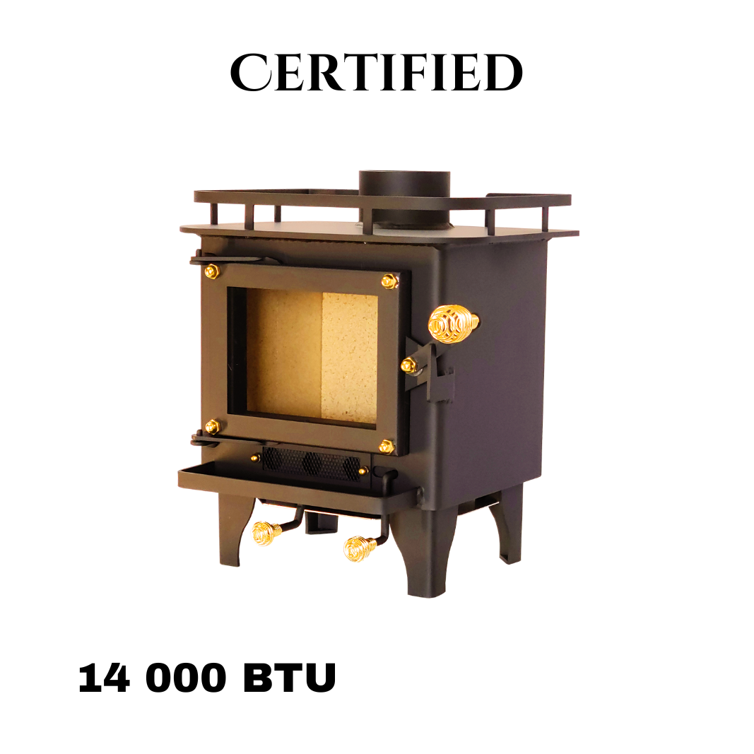 CB-1008 black mini wood stove with a visible firebox and controls, 'Certified' and indicating it meets UL 1482-2022 and ULC S627-2023 standards.