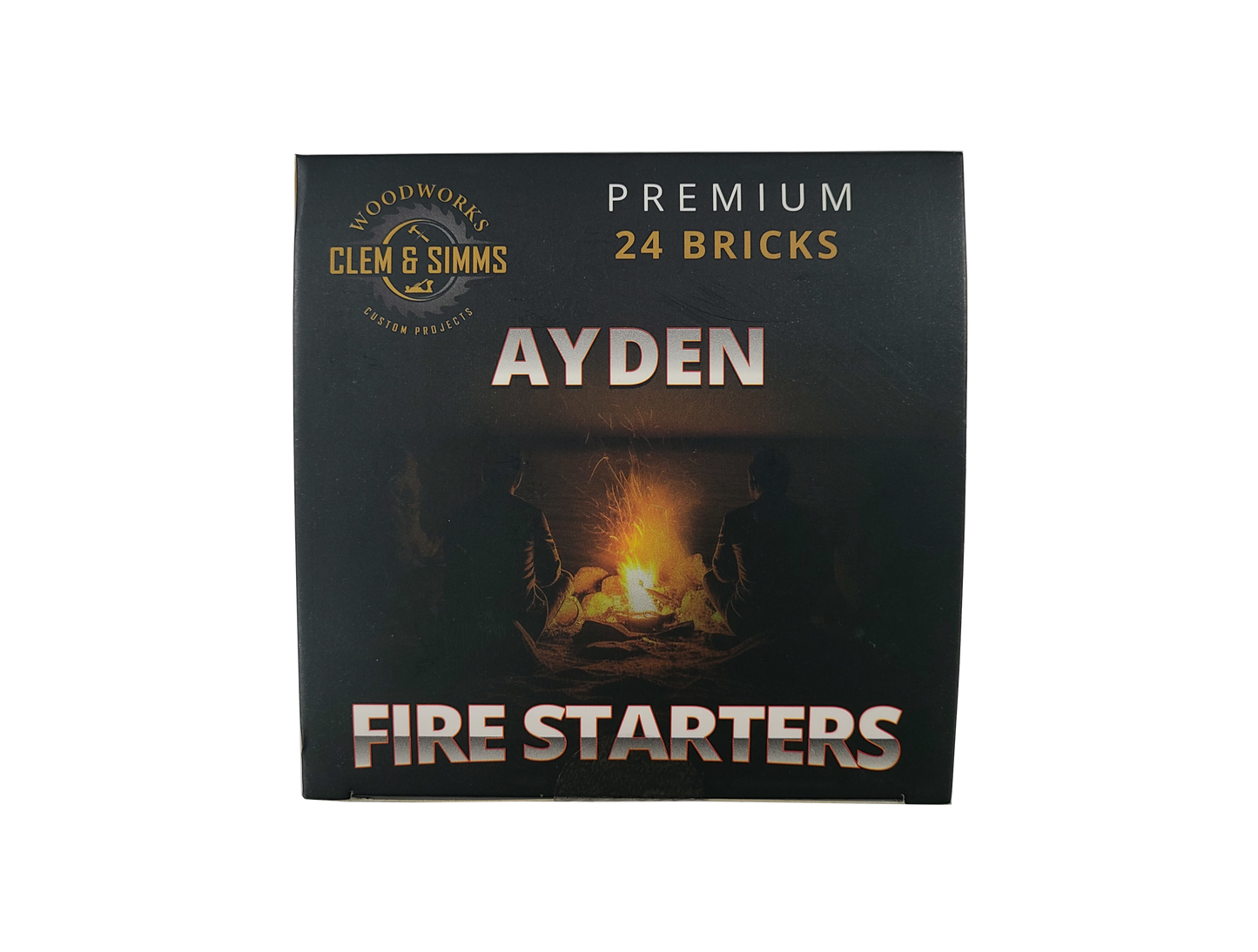 A box of CB-3030 Premium Ayden Fire Starters with branding and product information visible.