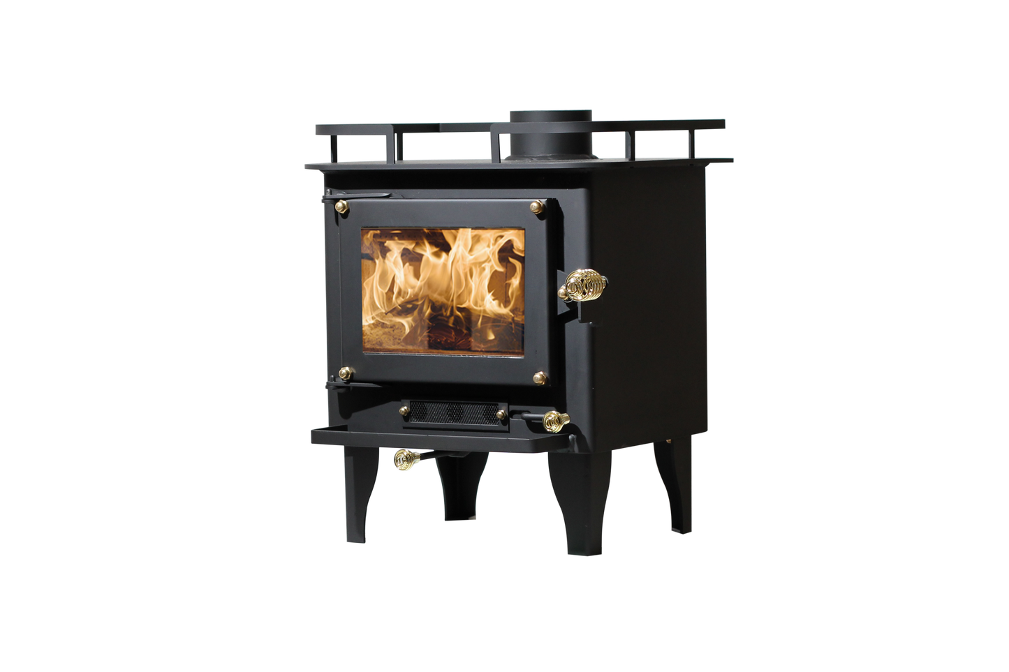 CB-2000 Grizzly black wood stove with a visible firebox and brass plated coil handles.