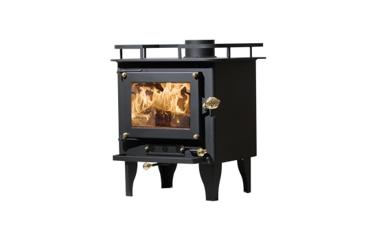 CB-2000 Grizzly black wood stove with a visible firebox and brass plated coil handles.