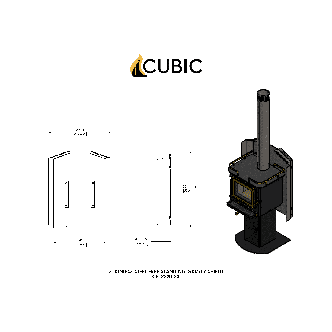 CB-2020-SS Cub Floor Mount with Rear Heat Shield stove and pipe NOT included!