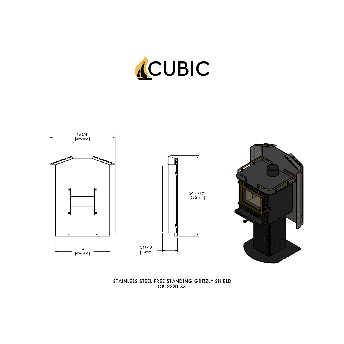 CB-2220-SS Grizzly Floor Mount with Rear Heat Shield stove and pipe NOT included!