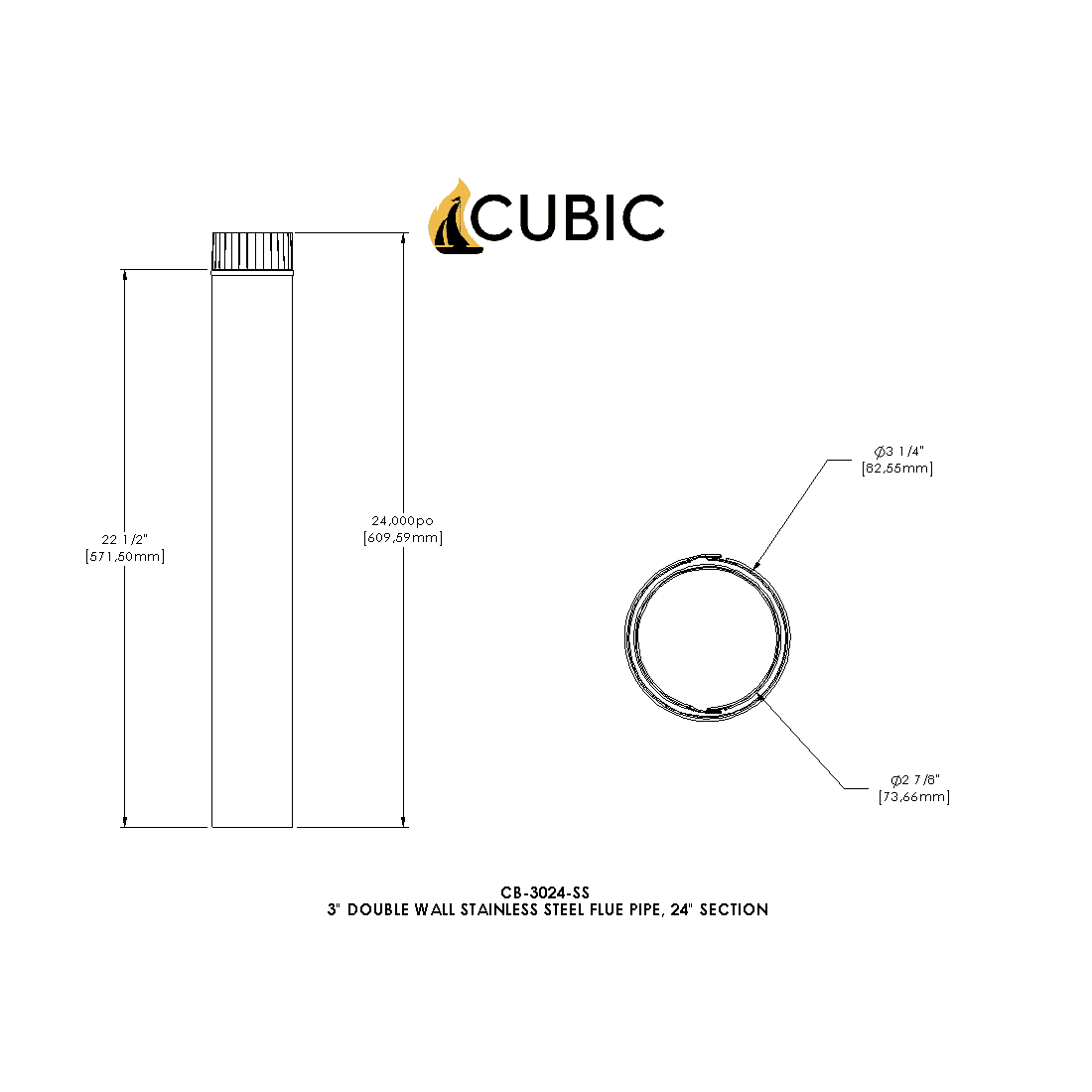 CB-3024-SS 3" Stainless Steel Double Wall Flue Pipe, 24" Long