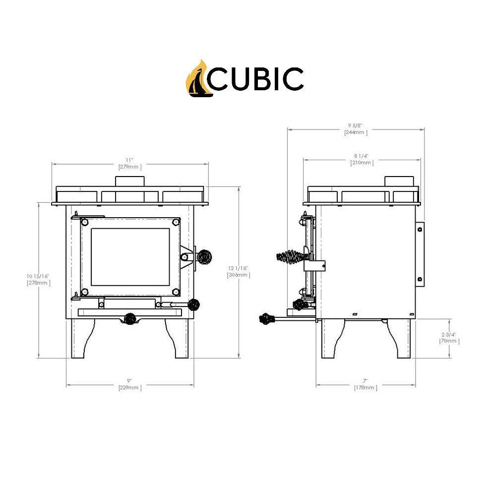 CB-1000 wood stove diagram with measurements.