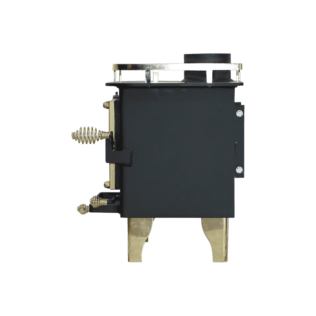 CB-1000 brass wood stove side view with brass plated coil handles and a visible firebox.