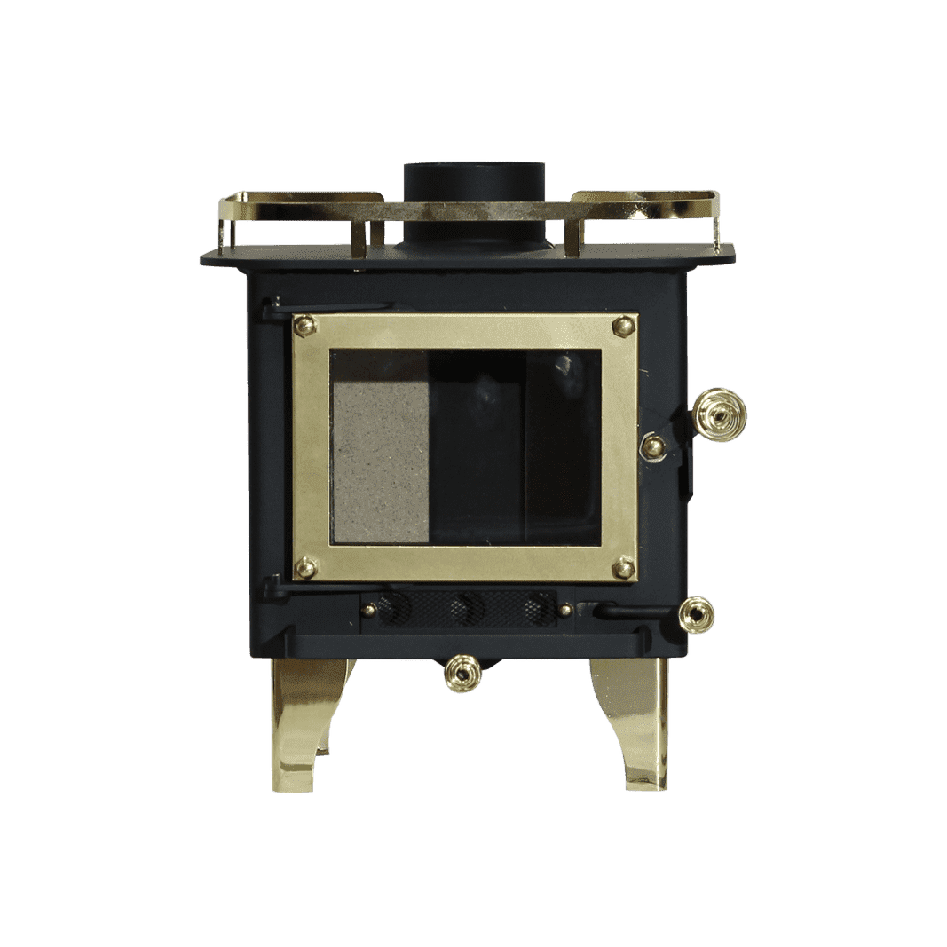 CB-1000 brass wood stove front view with brass plated coil handles and a visible firebox.