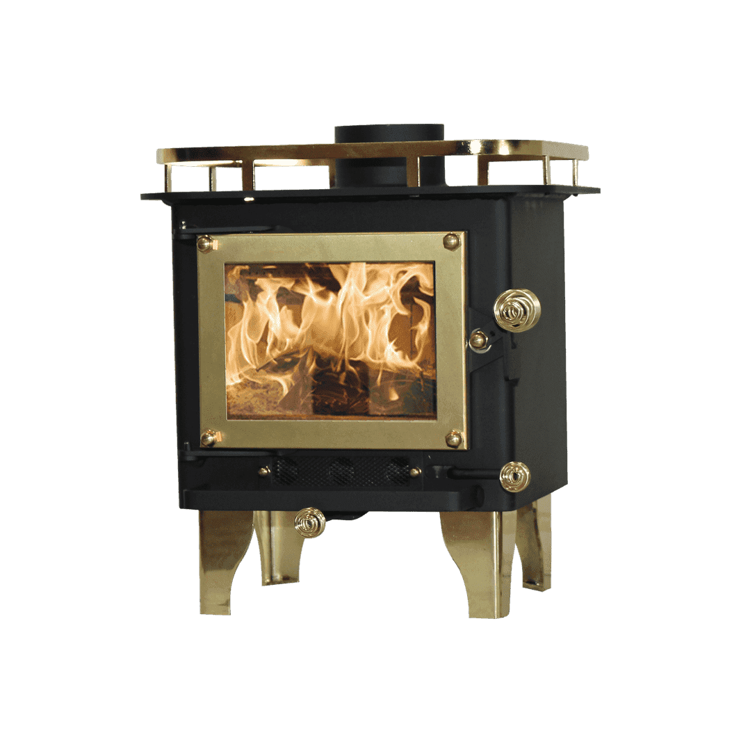 CB-1000 brass wood stove with brass plated coil handles and a visible fire inside, emitting smoke and fire.