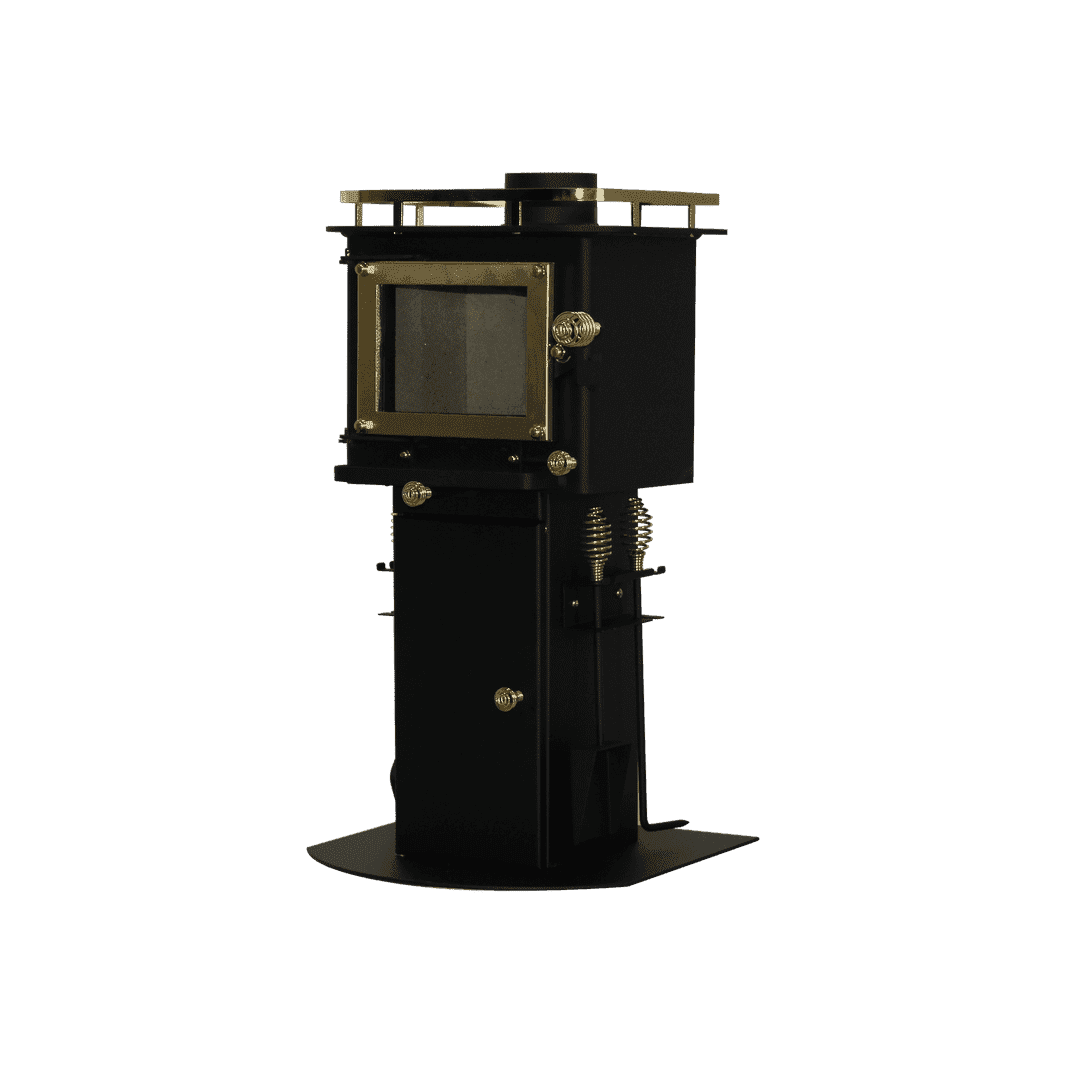 CB-1000 brass wood stove with brass plated coil handles and a visible firebox. installed on floor mount