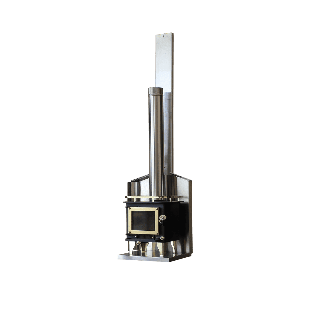 CB-1000 brass wood stove with brass plated coil handles and a visible firebox. Installed on a wall mount with one pipe