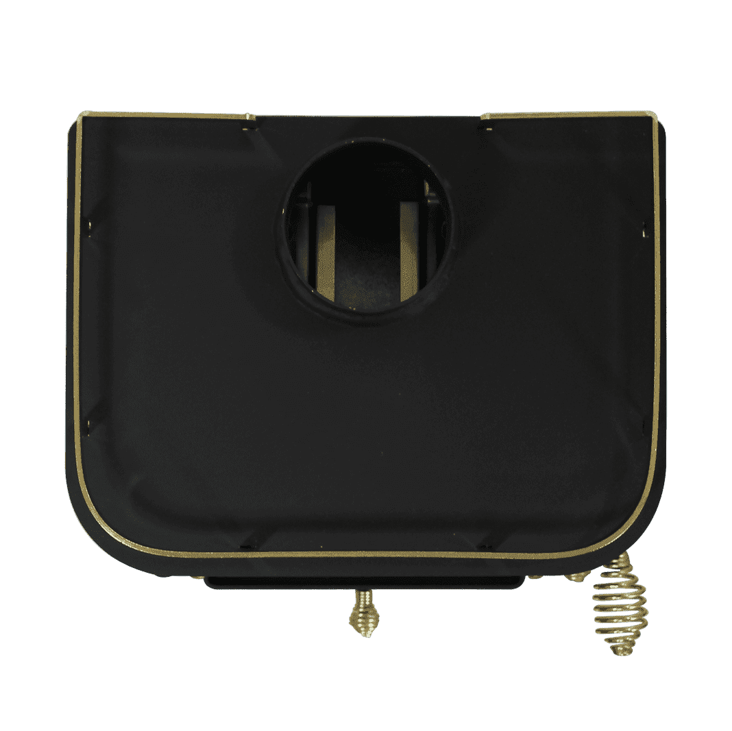CB-1000 brass wood stove top view with brass plated coil handles and a brass plated rail.