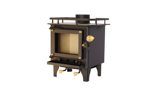 CB-1008 black mini wood stove with a visible firebox and controls, 'Certified' and indicating it meets UL 1482-2022 and ULC S627-2023 standards.