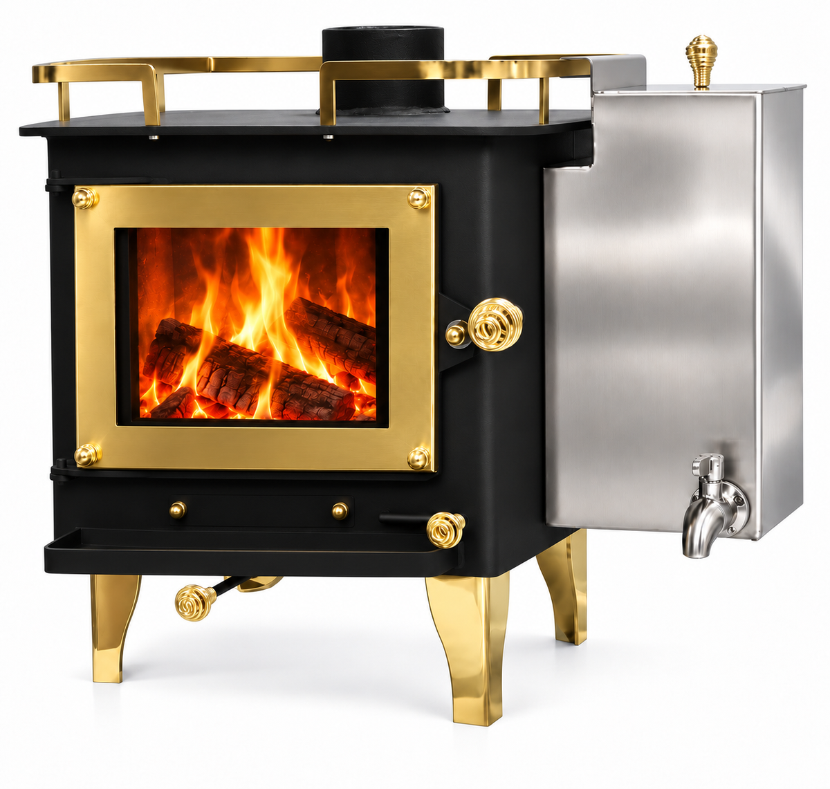 Brass-trim Grizzly mini wood stove with fire and a shiny stainless steel water heater