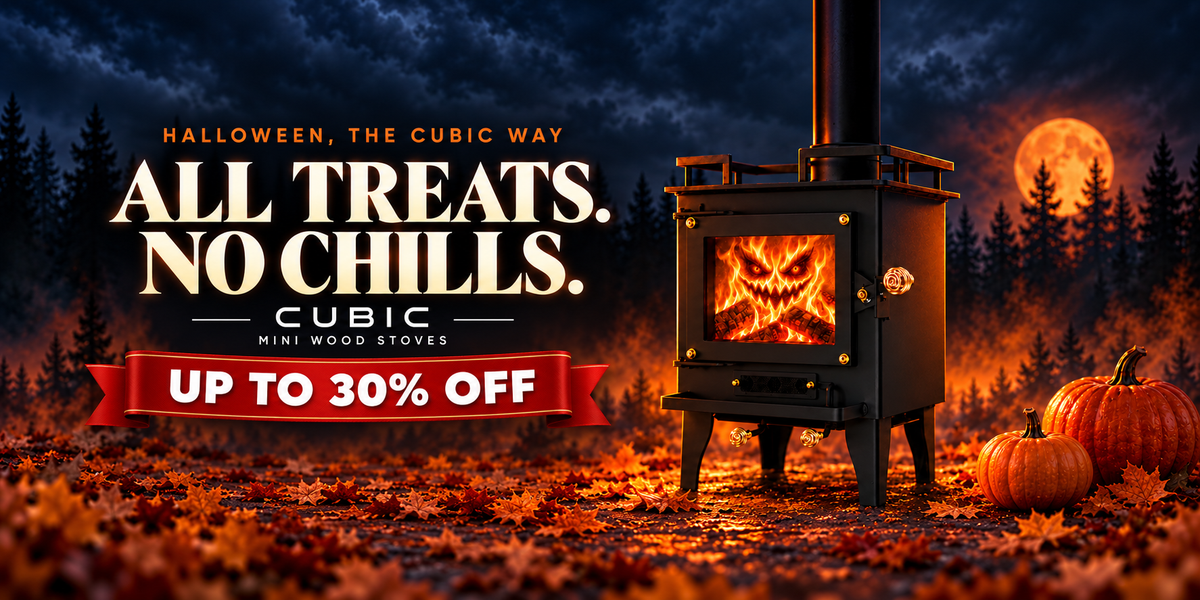 All treats. No chills. Up to 30% off. Cubic Mini Wood Stoves Halloween sale with a Grizzly stove, fire monster and pumpkins.