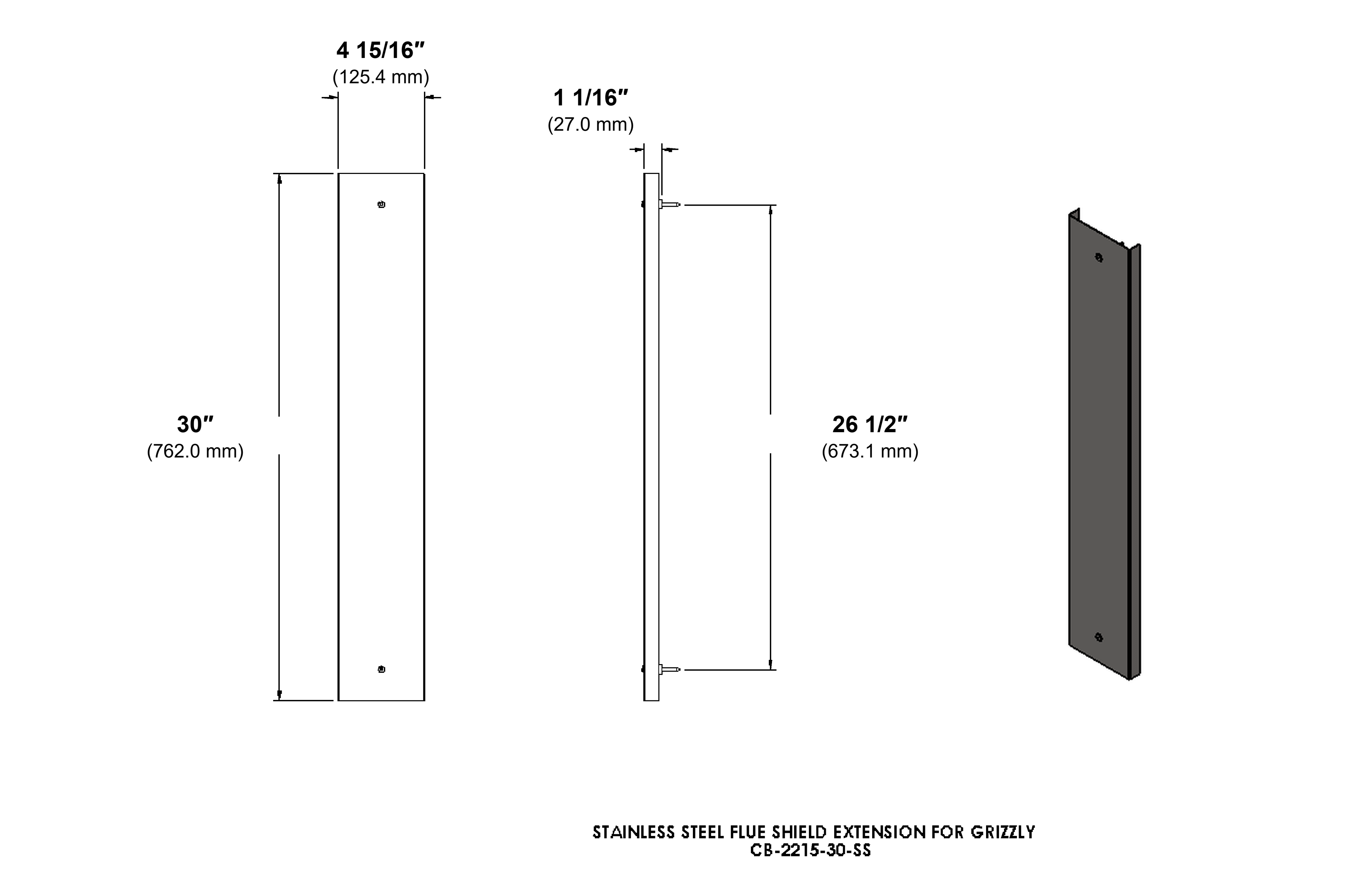 grizzly-flue-shield-extension dimension diagram with inches and millimetres