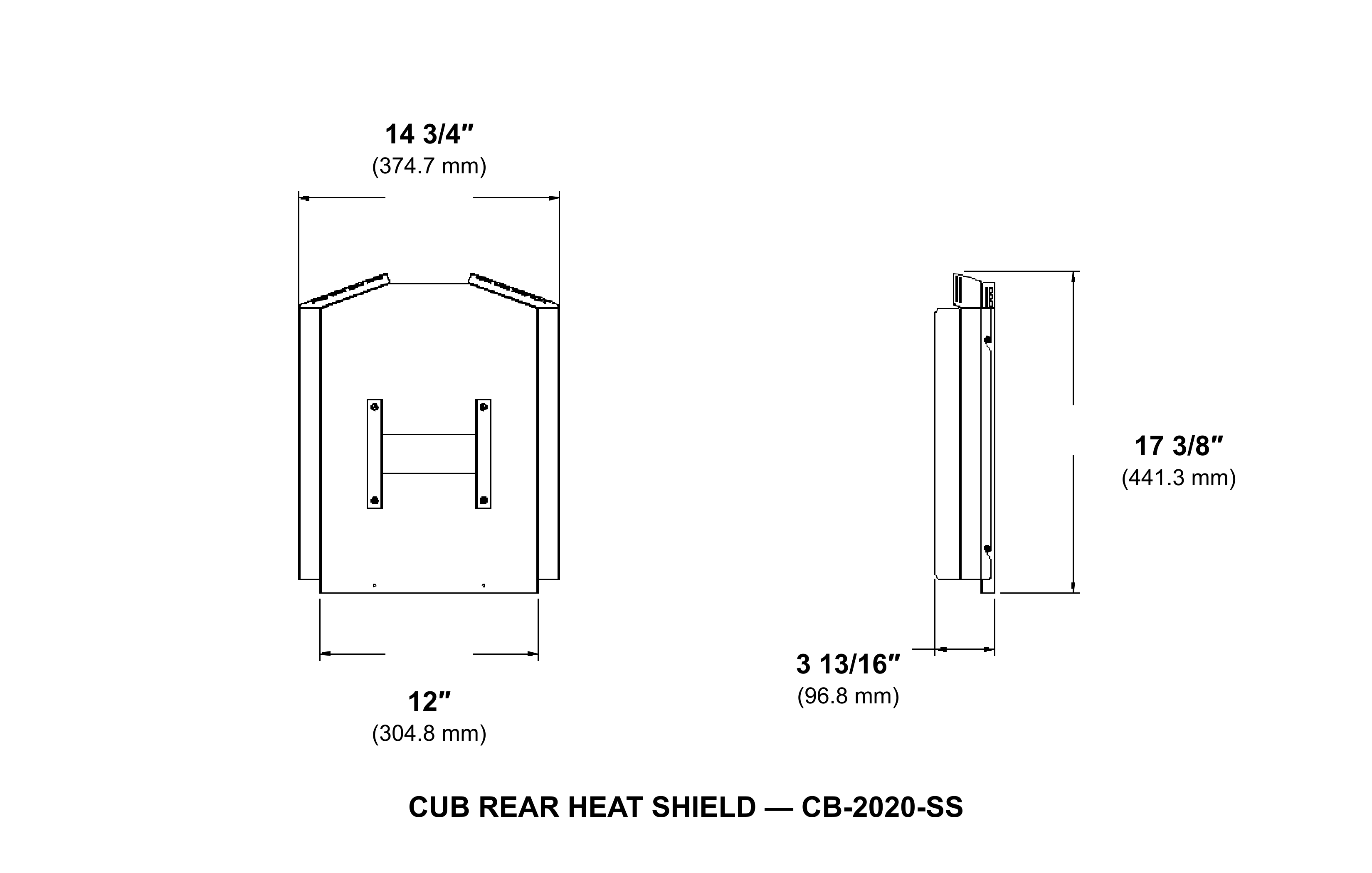 Cub CB-2020-SS rear heat shield dimension diagram with inches and millimetres