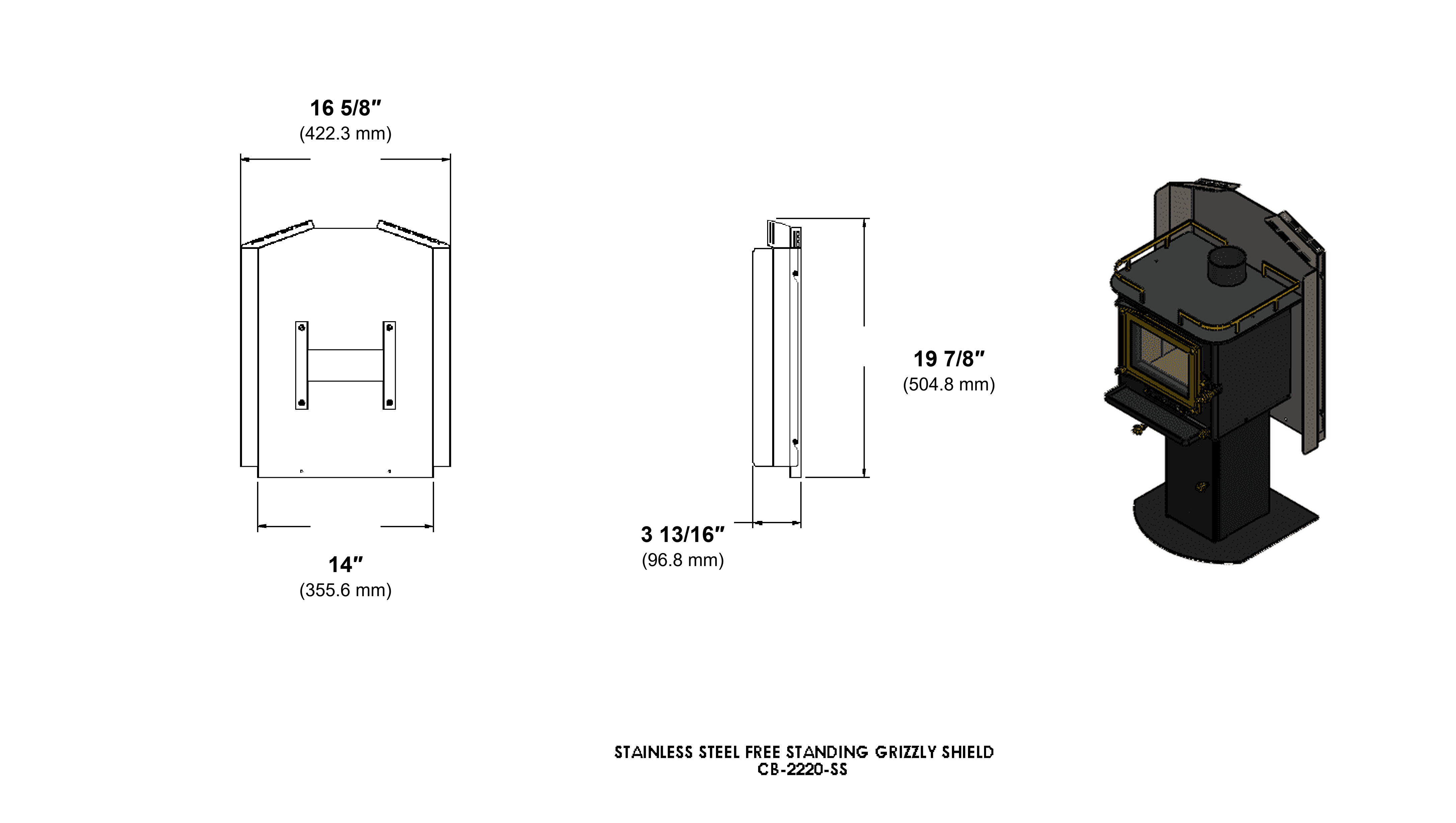 Grizzly CB-2220-SS rear heat shield dimension diagram with inches and millimetres