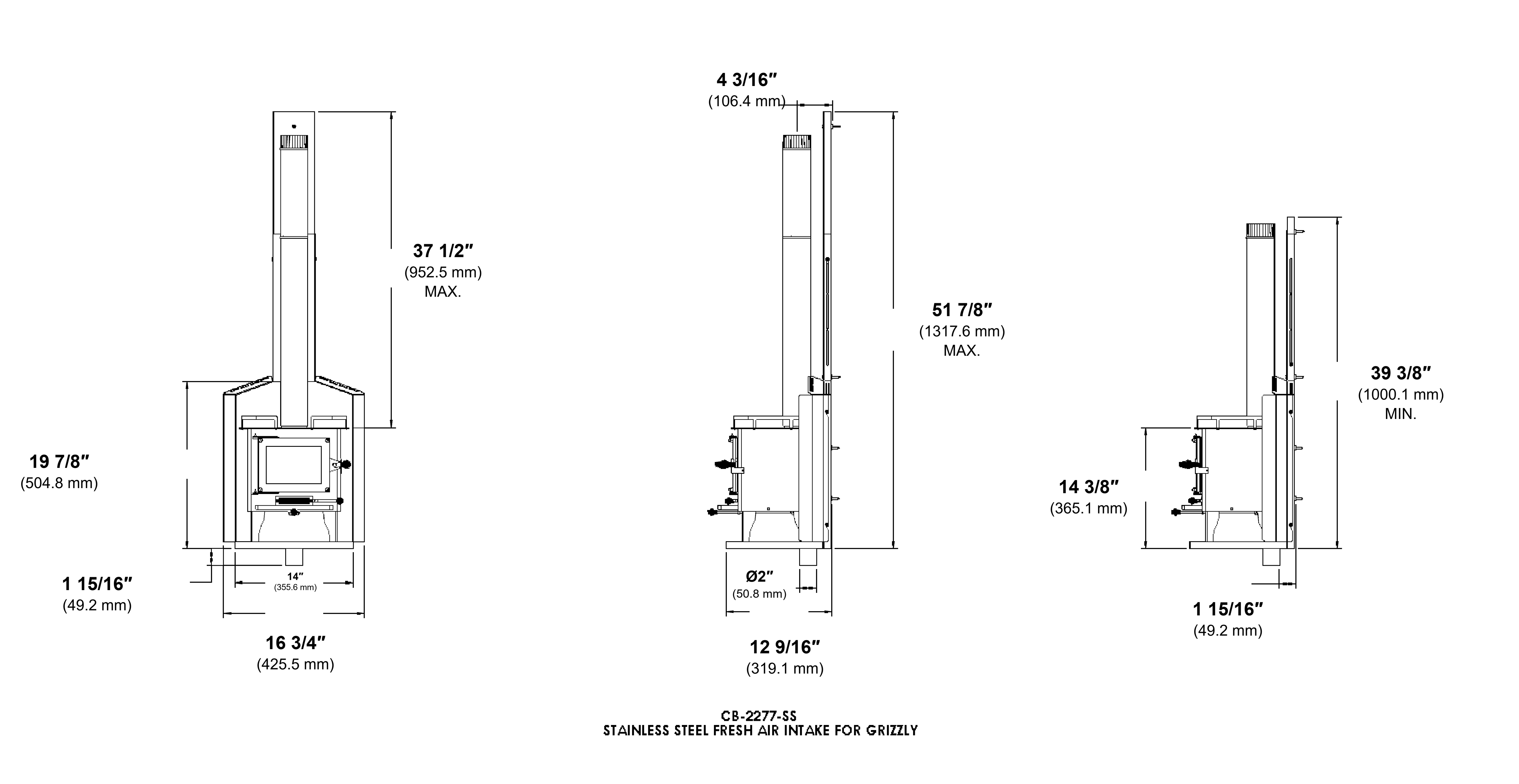 Grizzly CB-2277-SS fresh-air-intake wall mount dimension diagram with inches and millimetres
