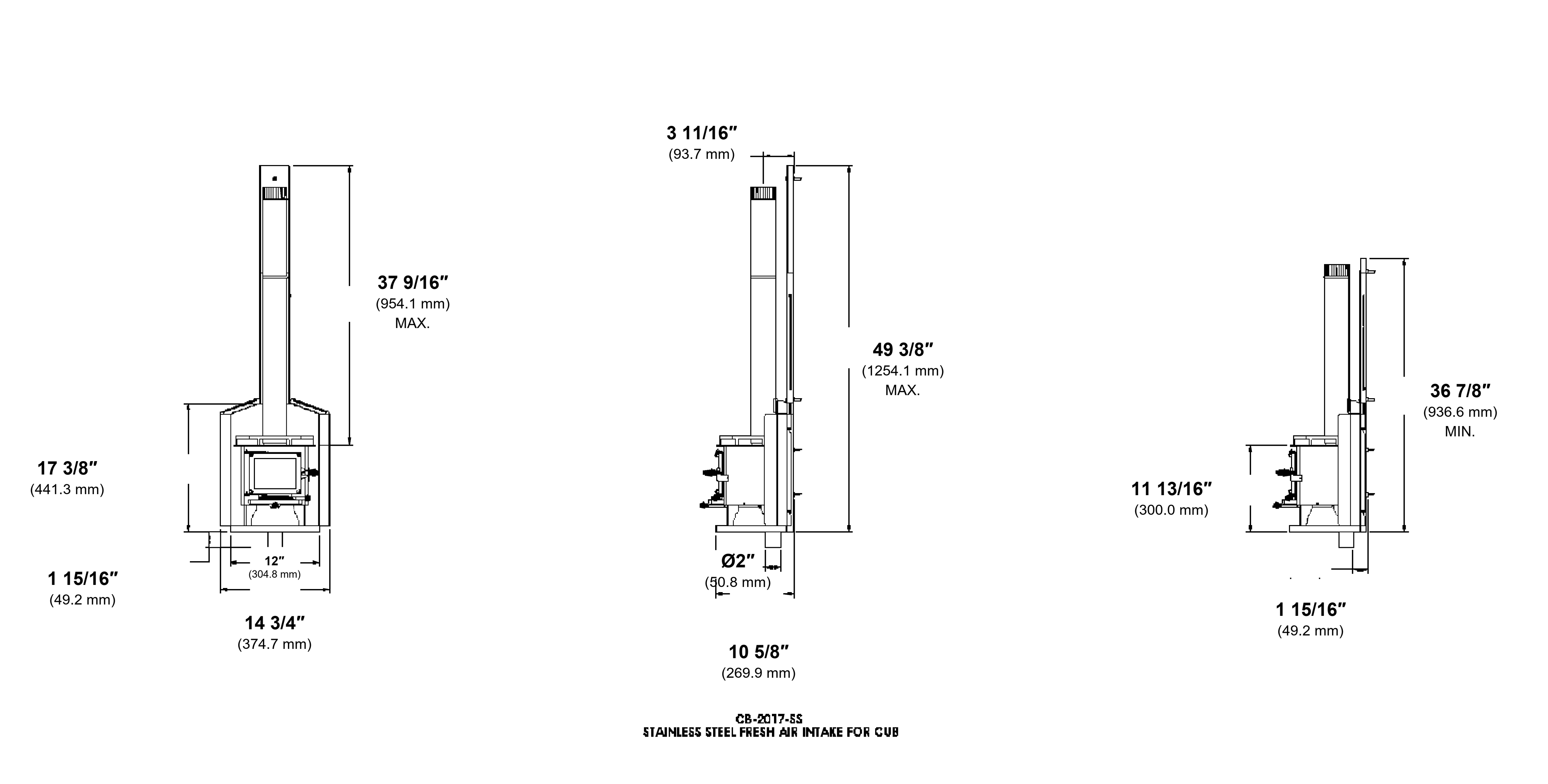 Cub CB-2017-SS fresh-air-intake wall mount dimension diagram with inches and millimetres