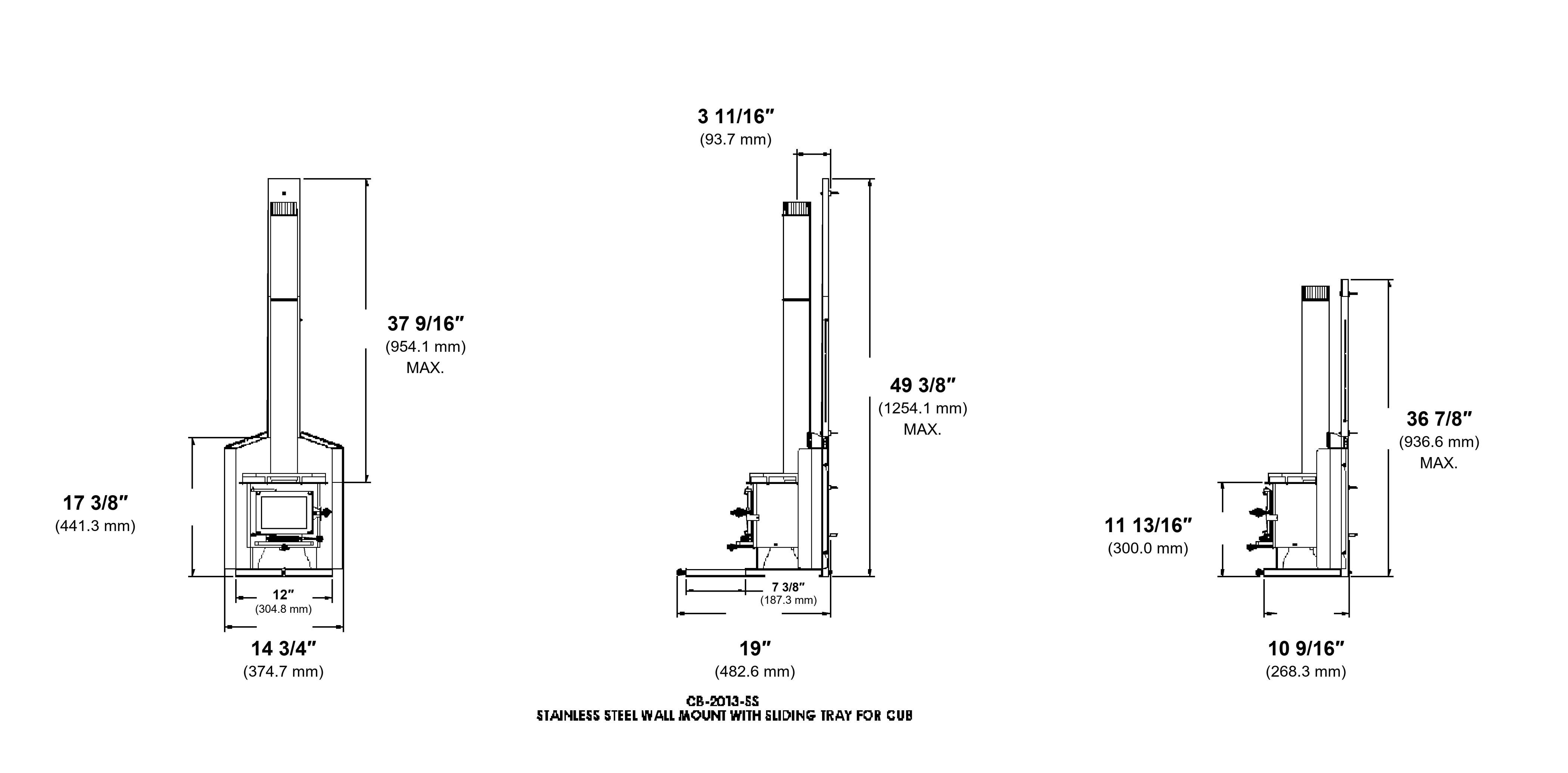 Cub CB-2013-SS sliding-tray wall mount dimension diagram with inches and millimetres