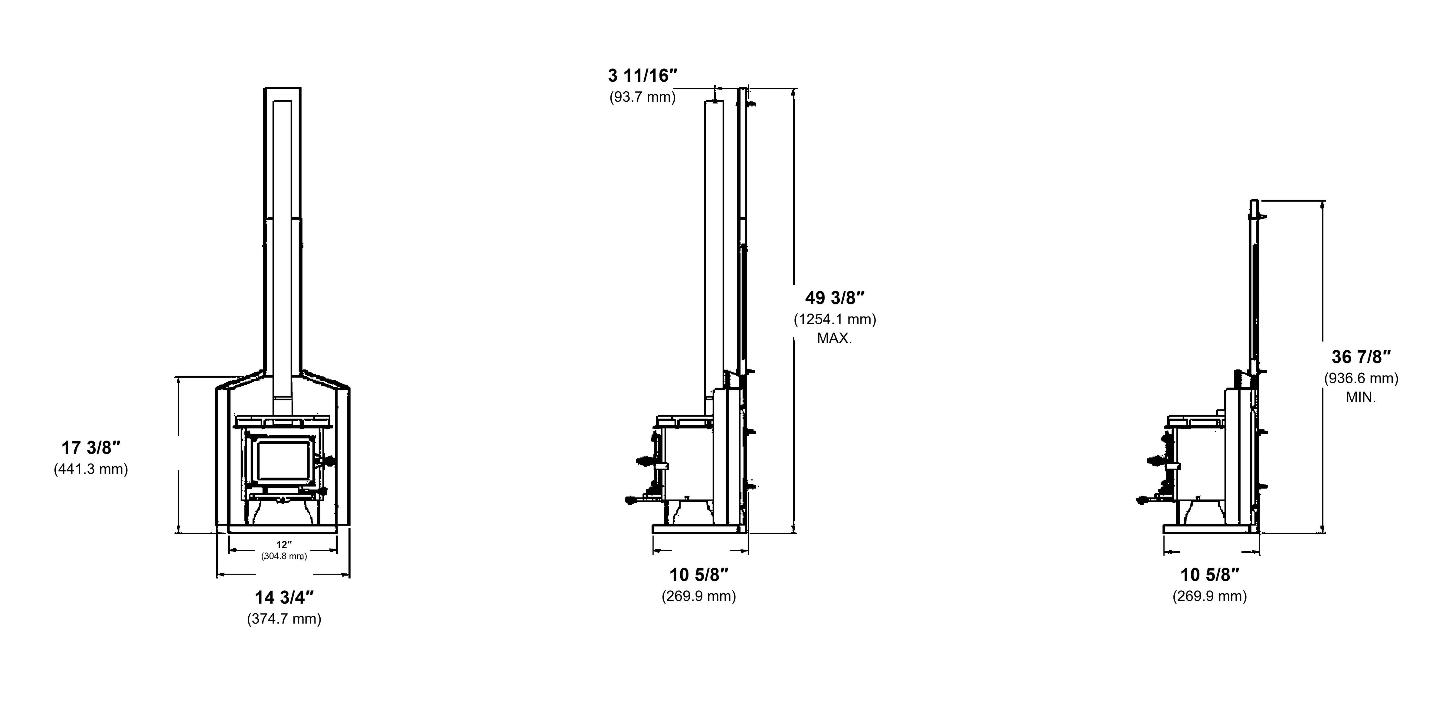 Cub CB-2012-SS wall mount dimension diagram with inches and millimetres