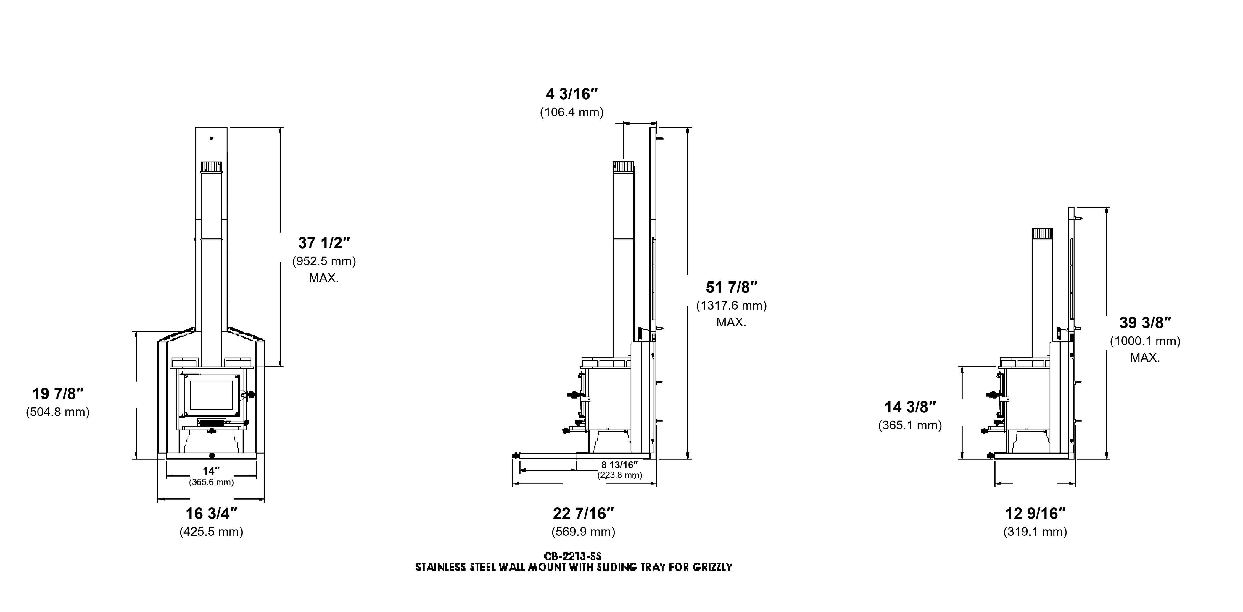 Grizzly CB-2213-SS sliding-tray wall mount dimension diagram with inches and millimetres