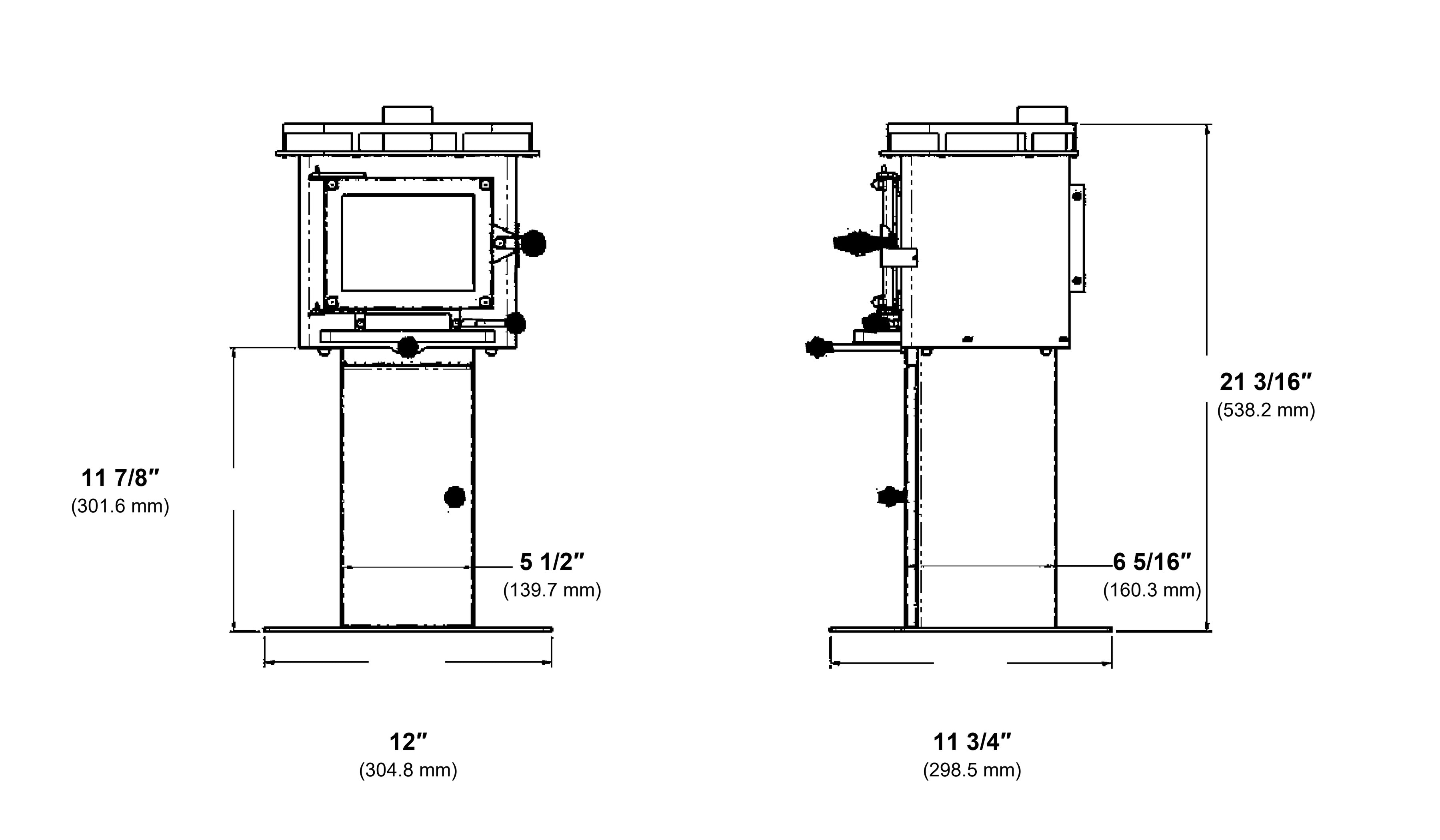 Cub CB-2014 floor mount dimension diagram with inches and millimetres